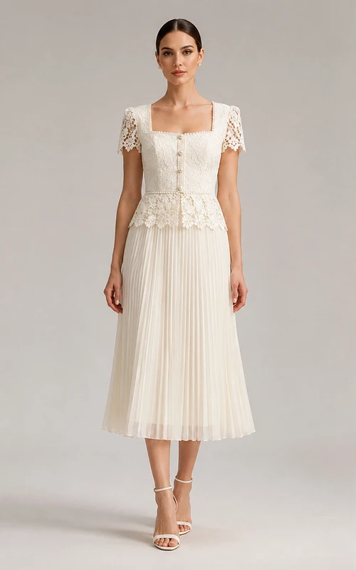 Square neck lace sleeve pleated tea length wedding dress