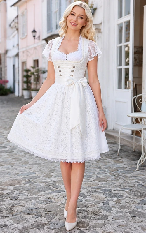 White Chiffon V-Neck Cap Sleeve Sash Tea-Length Dirndl Dress
