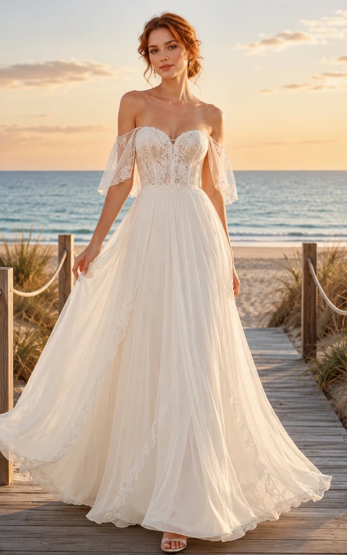 Boho Off Shoulder Flutter Lace Chiffon A Line Sweep Beach Wedding Gown