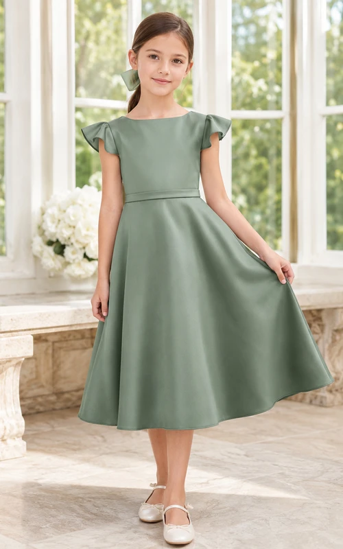 Modern A-Line Flower Girl Dress with Jewel Neck Petal Sleeves Sage Satin Garden Reception