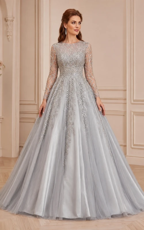 Silver High Neck Illusion Long Sleeve Lace Satin Ball Gown