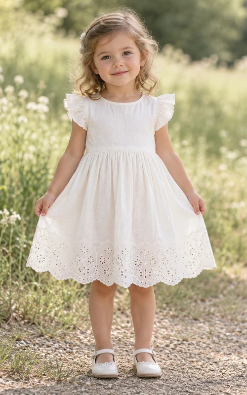 Modest Ivory Knee Length Plain Flutter Sleeve Deep Eyelet Full Flower Girl Dress