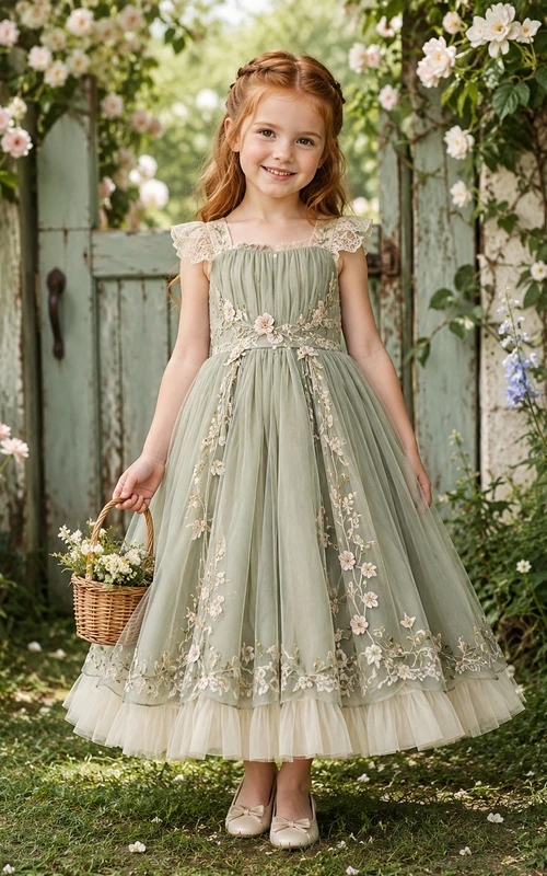 Sage Bohemian A-Line Tulle Flower Girl Dress Cap Sleeve Square Neck Ankle-Length Floral Lace Ruffle