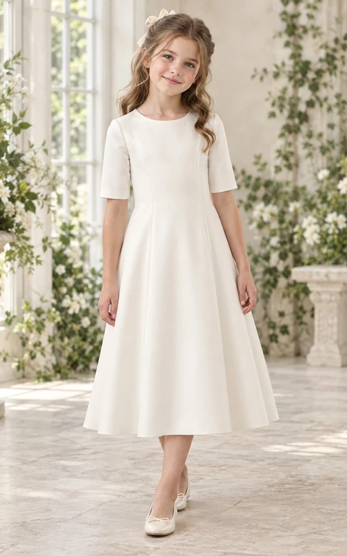 Robe de demoiselle d'honneur simple, mi-longue, ivoire, col rond, évasée, modeste, longueur thé