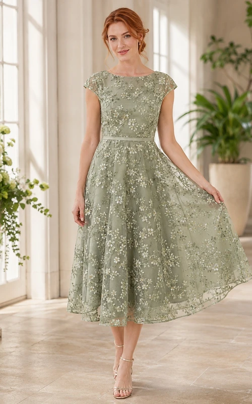 Romantic Sage Bateau Cap Sleeve Lace A-Line Tea-Length Garden Formal Dress
