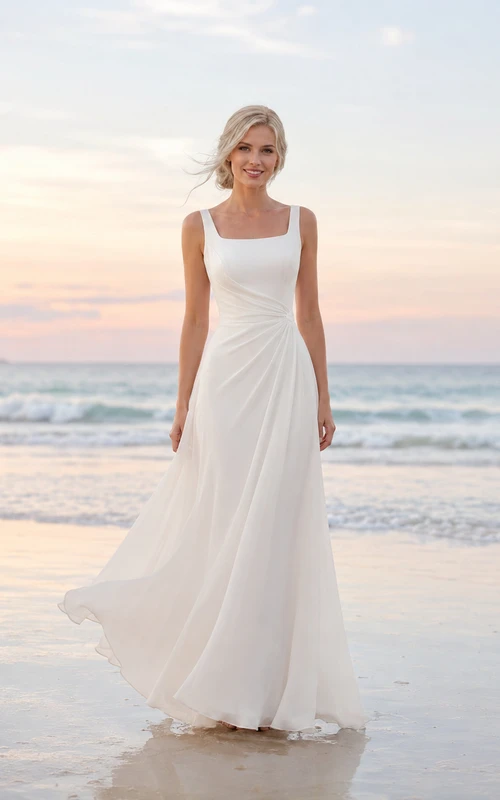 Simple Square Neck Sleeveless Beach A-Line Wedding Dress