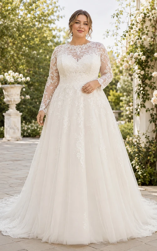 Robe de mariée en dentelle et tulle, style modeste, robe de bal, col rond, manches longues, traîne.