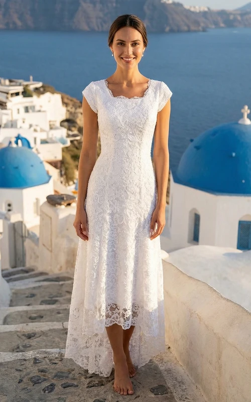 Vestido de novia asimétrico de encaje con mangas cortas.
