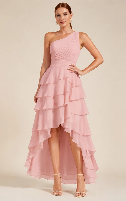 Blush Pink One Shoulder Tiered Ruffle High Low Tulle A Line Dress