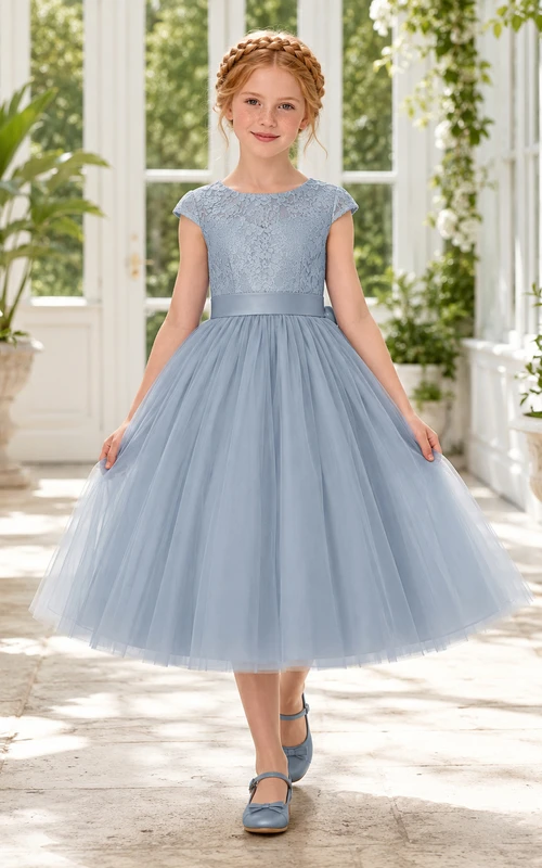 Flower Girl Dress Steel Blue Tulle A-Line Jewel Neck Tea Length Bow Back