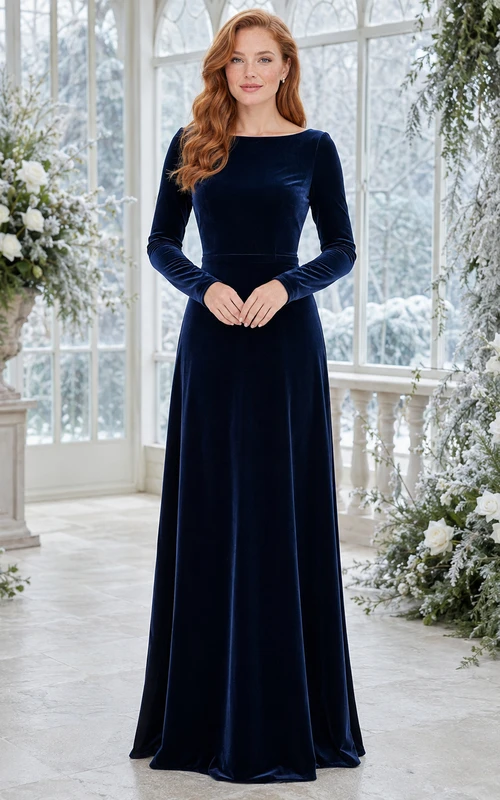 Dark navy velvet jewel neck long sleeve bridesmaid A-line gown