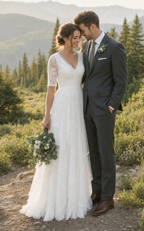 Vestido de novia vintage de estilo campestre, sencillo y de talla grande para novias mayores, con mangas.