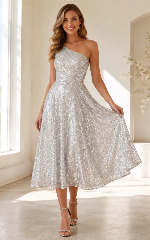 Silbernes Paillettenkleid mit One-Shoulder-Ausschnitt, Falten und A-Linien-Schnitt in Teelänge