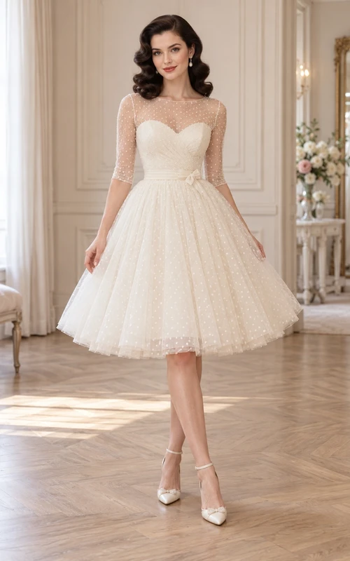 Vintage Knee Length Illusion Sleeve Sweetheart Tulle A-line Wedding Dress