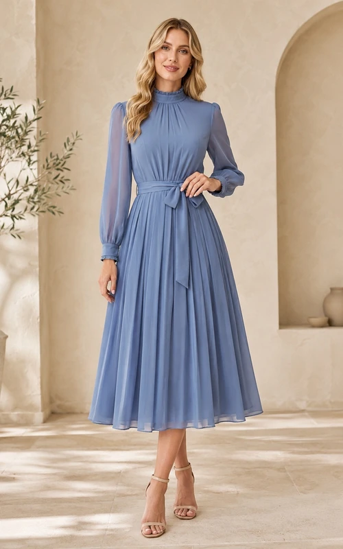 Modest Steel Blue High Neck Long Sleeve Chiffon Pleated Tea-Length A-Line Dress