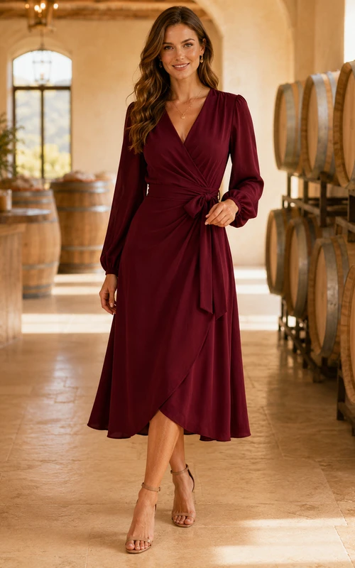 Robe midi bordeaux à manches longues portefeuille pour dîner dans un vignoble