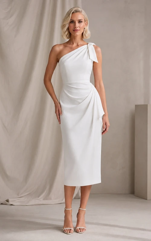 White Draped One-Shoulder Sleeveless Sheath Knee-Length Modern Cocktail Dress