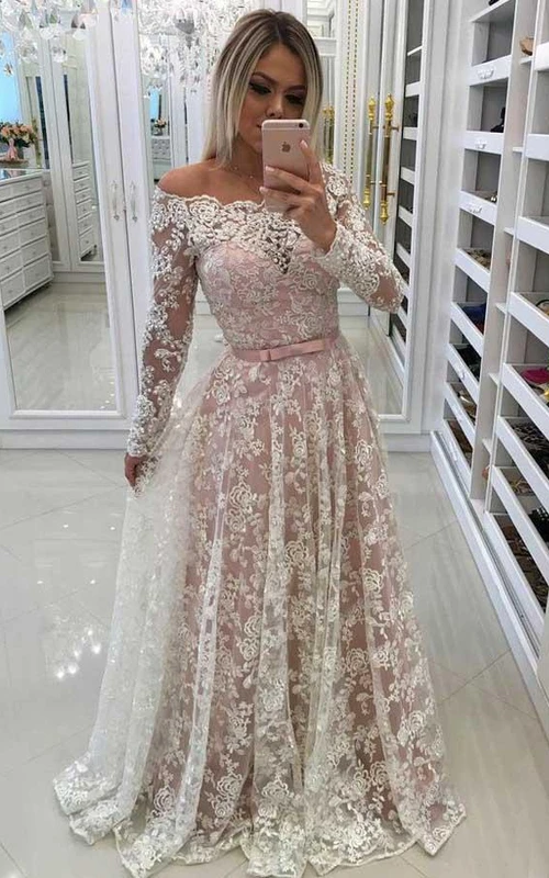 A-Line Lace Off-the-shoulder Long Sleeve Button Dress