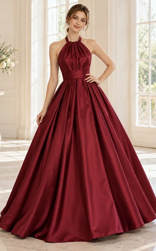 Robe de bal bordeaux dos nu en satin froncé sans manches