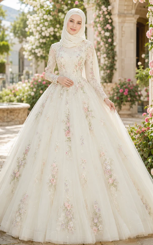 Vestido de novia de gala rosa con bordados y cuello alto, estilo musulmán, con estampado floral.