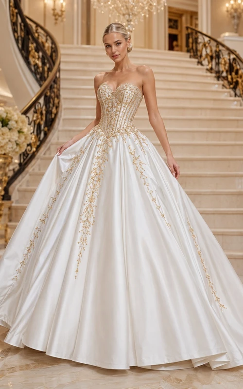 Goldenes Satin-Ballkleid, Brautkleid mit Herzausschnitt, trägerlos, bodenlang, mit Schleppe, Luxuskleid