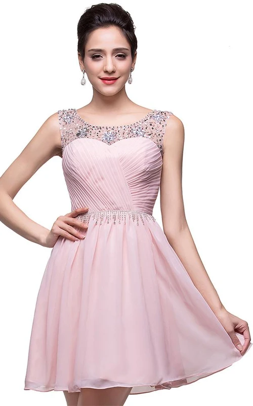 Elegantes, ärmelloses, kurzes Chiffon-Abendkleid mit Kristallen