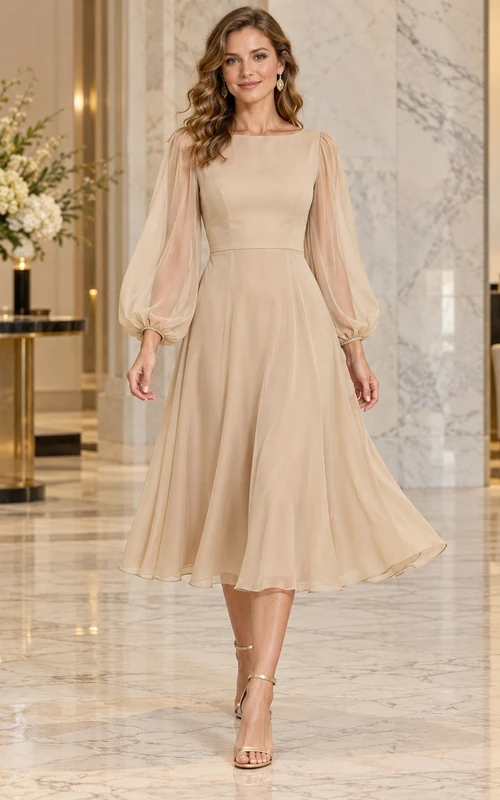 Modest Long Sleeve Champagne Bateau Flowing Tea Length Cocktail Dress
