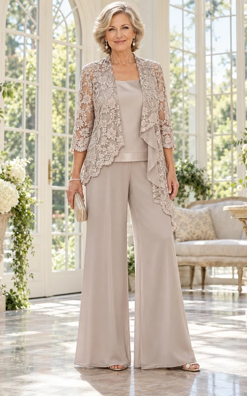 Taupe Scalloped Floral Lace Jacket Wide Leg Mother Pantsuit