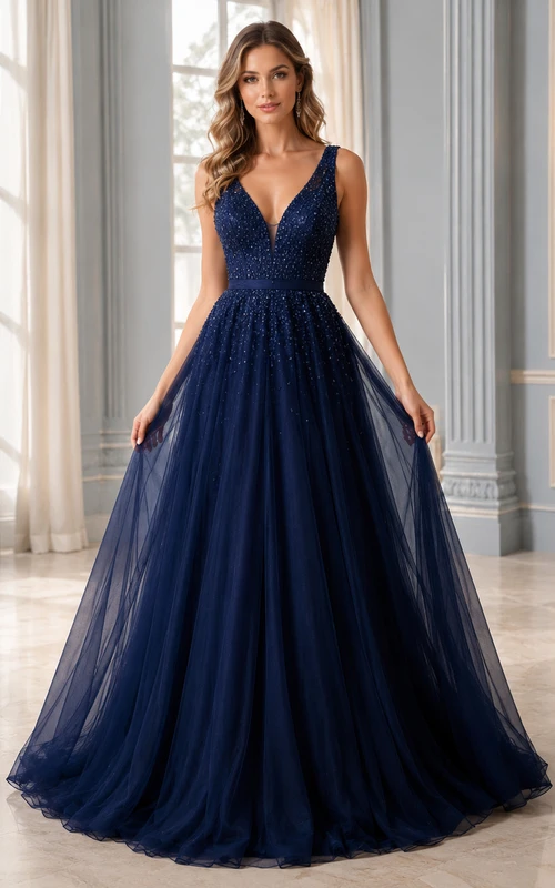 Vestido de noche romántico largo hasta el suelo, de tul con escote en V profundo y tirantes, color azul marino oscuro.