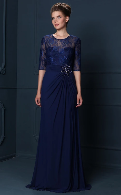 Scoop Neck Draped Half Sleeve Chiffon Mother Of The Bride Dress