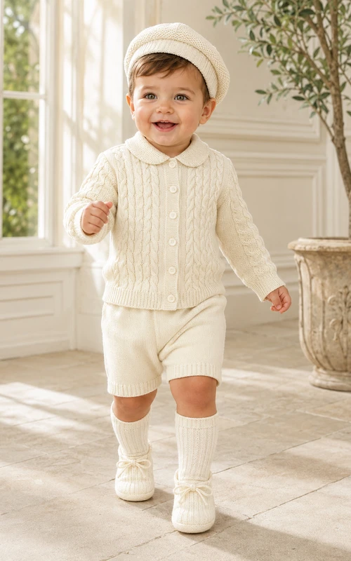 Cárdigan corto de punto trenzado color crema, conjunto de dos piezas para bautizo de bebé niño.