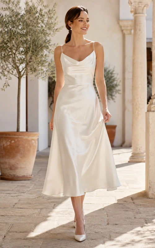 Graceful Civil Satin A Line Cowl Spaghetti Tea Length Wedding Dress