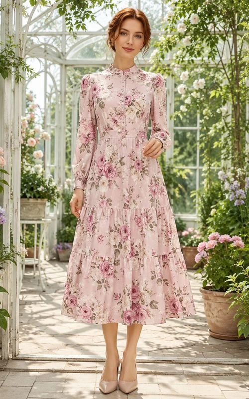 Robe midi modeste à col montant et manches longues rose à fleurs
