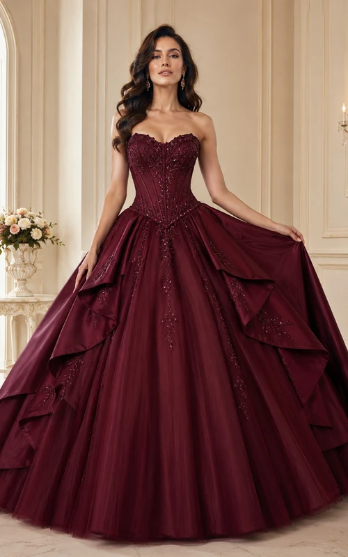 Burgundy Luxury Strapless Sweetheart Basque Waist Layered Sweet Sixteen Princess Ball Gown