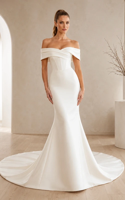 Robe de mariée sirène en satin poli, épaules dénudées, manches courtes, traîne chapelle, minimaliste, pour une cour intérieure.