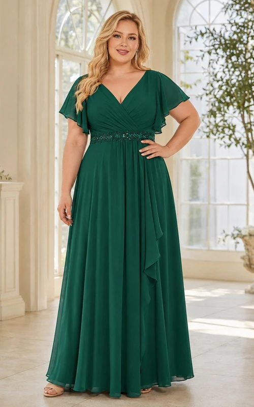Dark Green Plus Size V-Neck Short Sleeve Chiffon A-Line Formal Gown