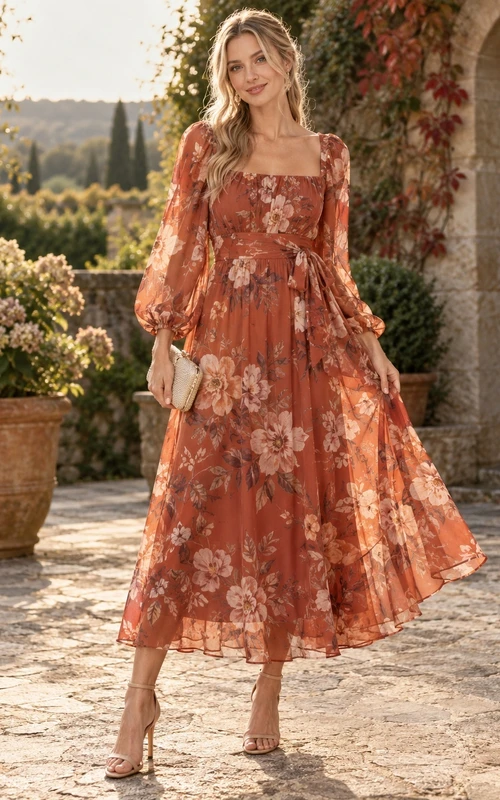 Persimmon Floral Print Square-Neck Puff Sleeve Tea-Length Chiffon Guest Dress