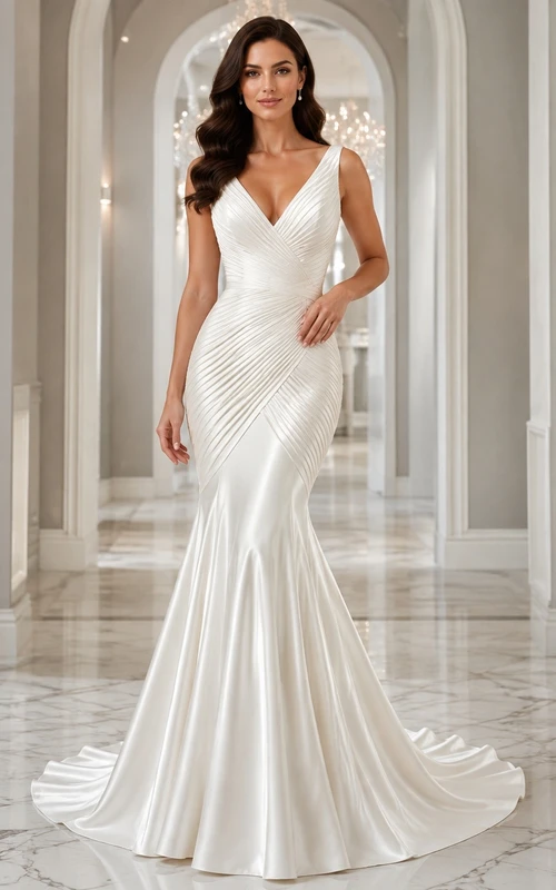 Vestido de novia sencillo, largo hasta el suelo, sin mangas, con escote en V y corte sirena/trompeta.