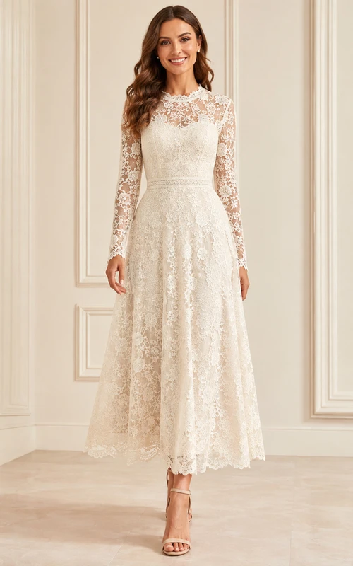 Robe de mariée romantique à col montant, manches longues et dentelle florale illusion, ourlet cheville