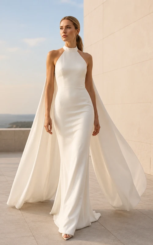 Neckholder-Brautkleid aus Satin mit Watteau-Cape-Einsätzen