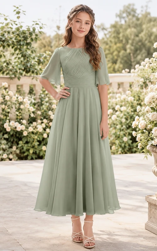 Vestido de dama de honor juvenil color celadón, corte en A, estilo joya, manga tres cuartos, plisado, romántico.