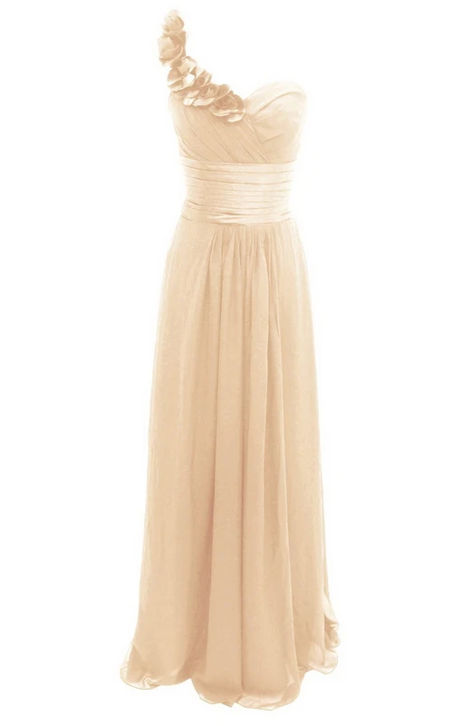 Langes Empire-Abendkleid mit einer Schulter und floralem Ausschnitt