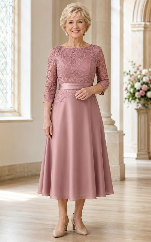 Altrosa Spitzenkleid mit Dreiviertelärmeln, Teelänge, A-Linie, schlichtes Mutterkleid