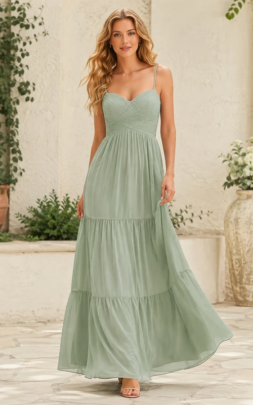 Celadonfarbenes, romantisches Maxikleid aus Chiffon mit Spaghettiträgern, A-Linien-Schnitt und Herzausschnitt