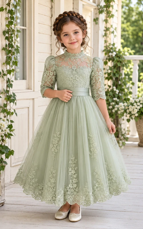 Blumenmädchenkleid aus salbeifarbenem Tüll in A-Linie mit Rundhalsausschnitt und knielanger Silhouette, verziert mit einer Schärpe