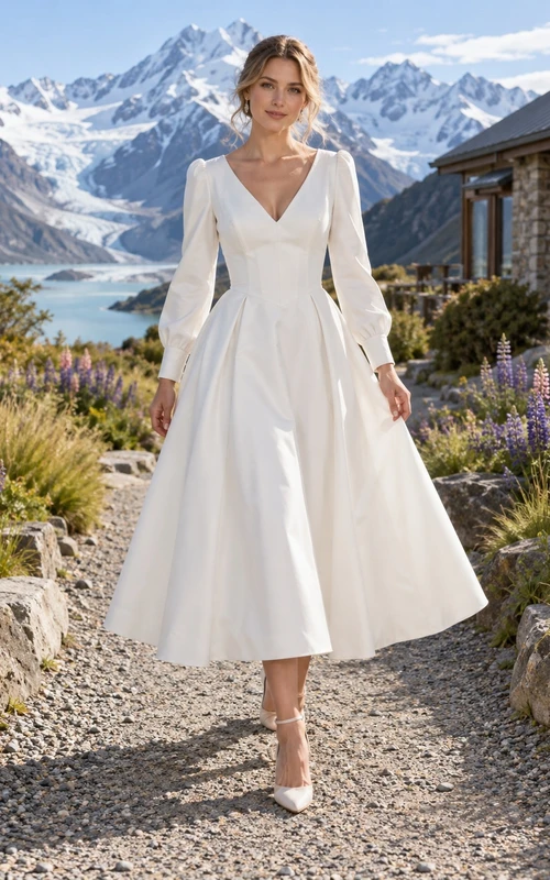 Schlichtes, teelanges Brautkleid mit V-Ausschnitt, langen Ärmeln, A-Linie und natürlicher Taille