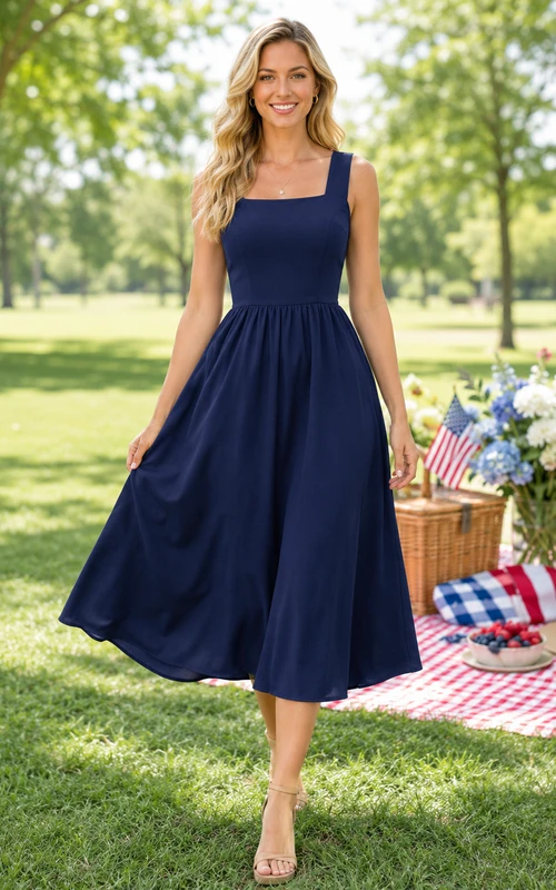 Navy Square Neck Sleeveless Midi Fourth Of July Dress