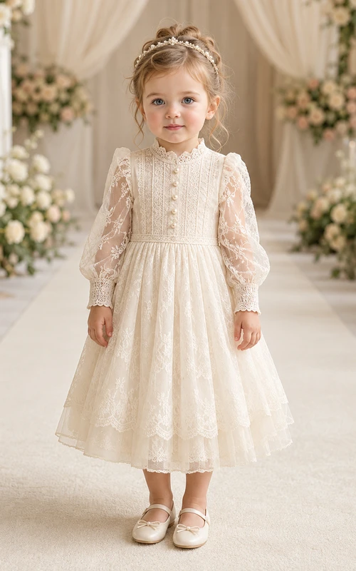 Modest Long Sleeve Lace Ankle-Length A-Line Flower Girl Garden Wedding Tulle Dress