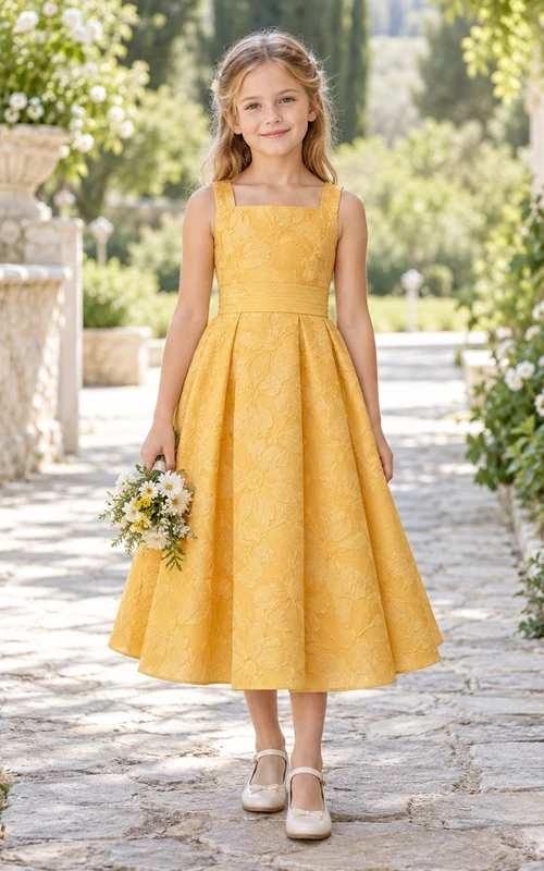 Square Neck Tea-length Gold Floral Sleeveless Pleated Jacquard Flower Girl Dress
