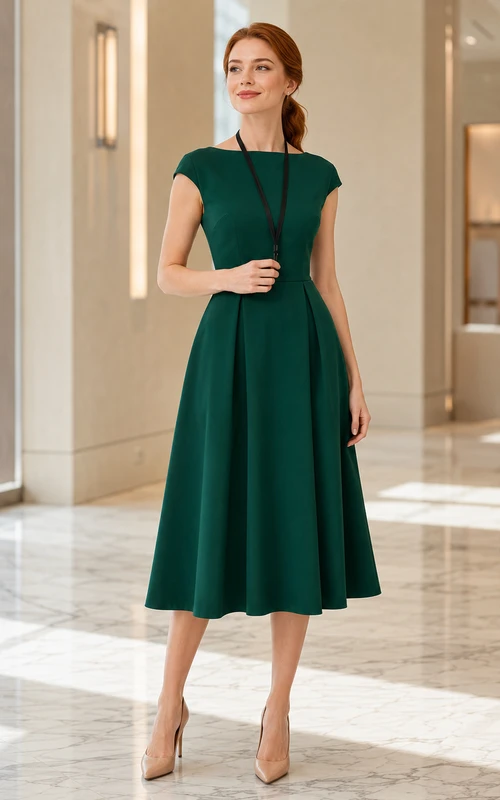 Smaragdgrünes, hochgeschlossenes A-Linien-Businesskleid mit kurzen Ärmeln, elegantem Midi-Länge